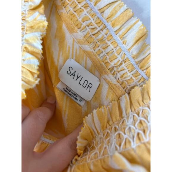 NWT Saylor Carren One-Shoulder Pull Over Smocked Ikat Cotton Mini Dress Yellow - Picture 6 of 8